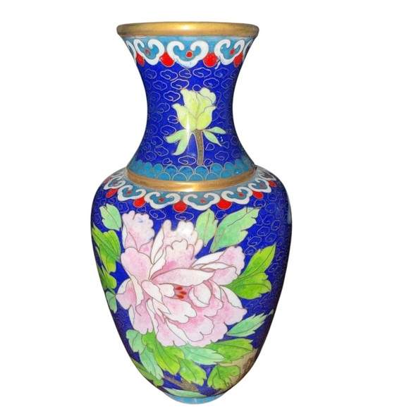 Vintage Cloisonné Enamel Vase – Blue Floral Design - Picture 1 of 8